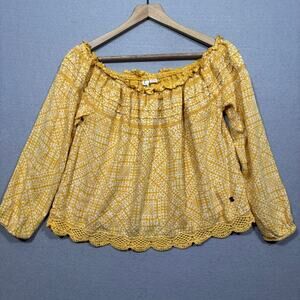 Roxy Off Shoulder Blouse L Floral Print‎ Crochet Scallop Hem Boho Artsy Chic